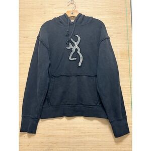 Browning Mens Black Cotton Distressed Buckmark Logo Hoodie Sweatshirt Size M
